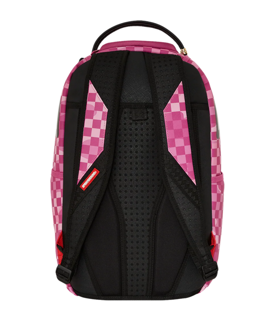 Pink and black checkered backpack on a white background