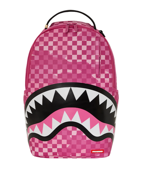Pink checkered backpack with shark mouth design on a white background