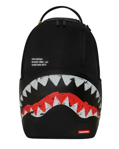 Black backpack with shark mouth design and visible branding on a white background
