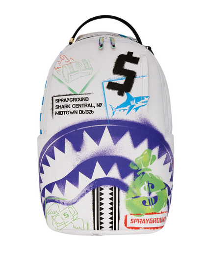 Sprayground backpack with shark design and various graphics on a white background