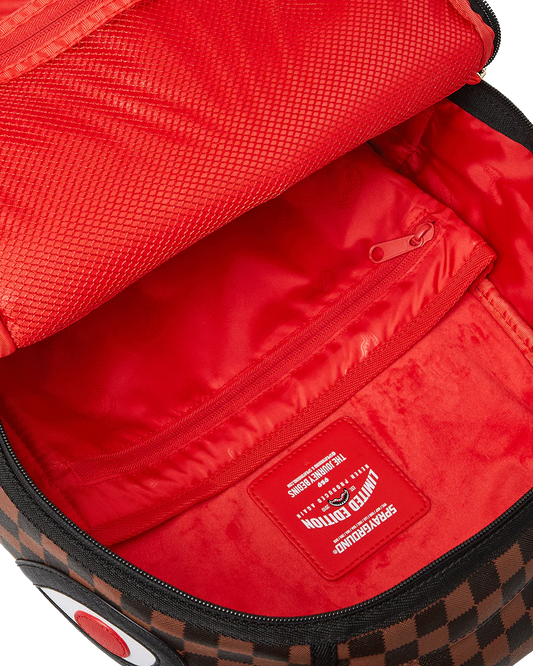 Red bag interior with a visible brand logo