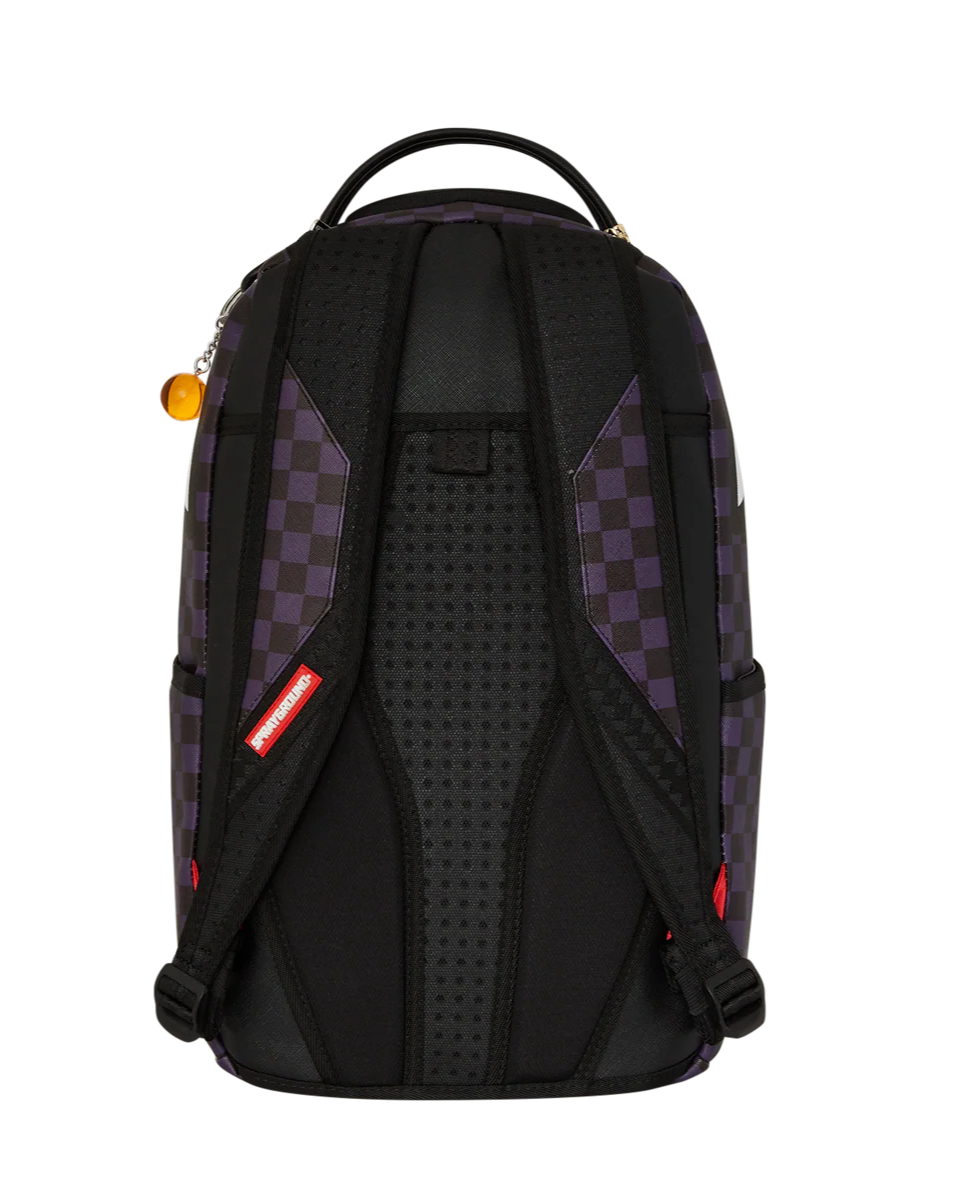 Black backpack with checkered pattern on a white background