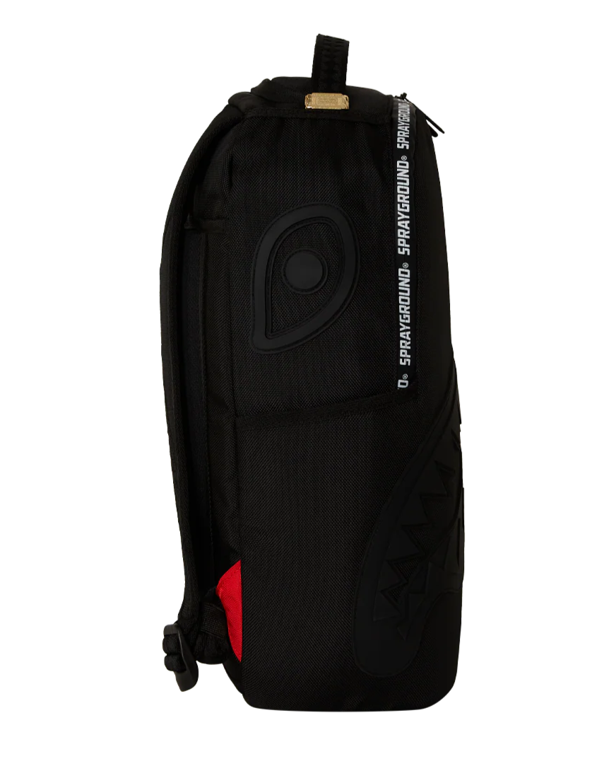 Black backpack with red accent on a white background