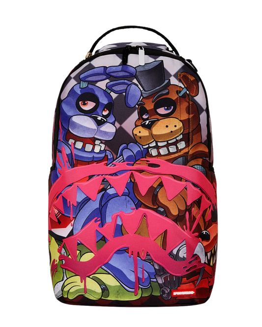 Backpack with colorful cartoon characters and vibrant design on a white background