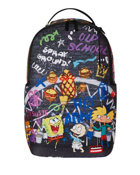 Backpack with colorful cartoon characters and text on a white background