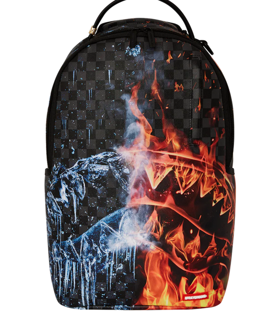 Backpack with fiery and icy design on a white background