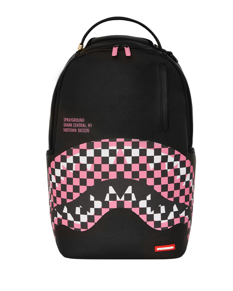 Black backpack with pink and white checkered design on a white background