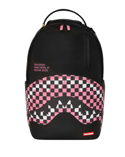Black backpack with pink and white checkered design on a white background