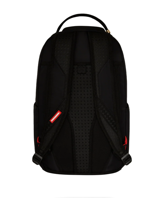 Black backpack with red accents on a white background