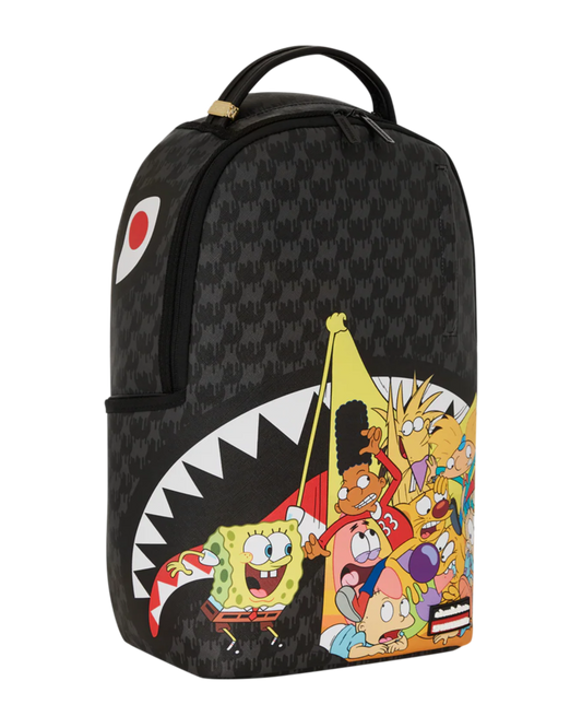 Backpack with cartoon characters and shark mouth design on a white background