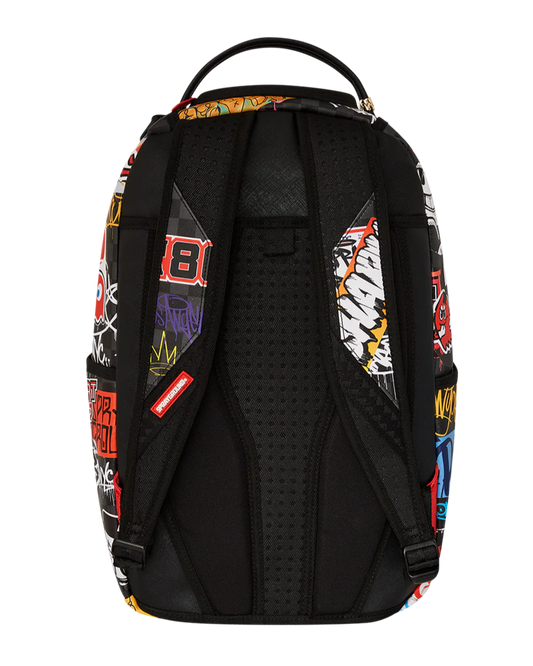 Black backpack with colorful patches on a white background