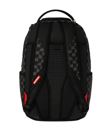 Black backpack with checkered pattern and red accents on a white background