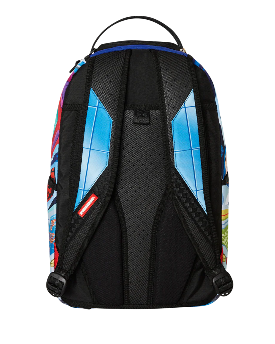 Backpack with colorful geometric pattern on a white background