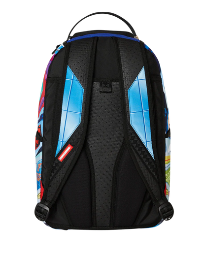 Backpack with colorful geometric pattern on a white background