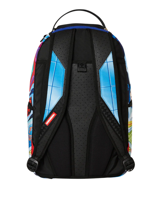 Backpack with colorful geometric pattern on a white background