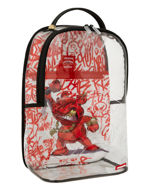 Clear backpack with red and white graphic design on a white background