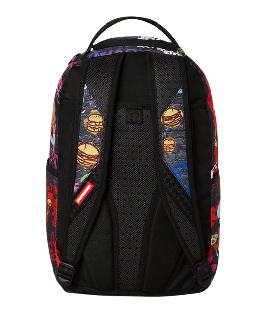 Black backpack with colorful pattern on the back on a white background