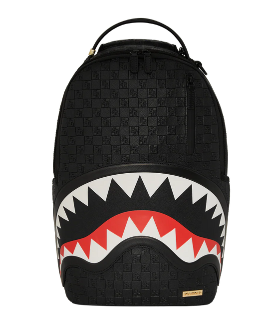 Black backpack with a shark mouth design on a white background
