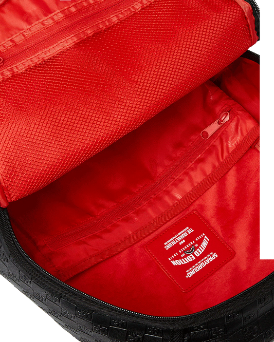 Red bag interior with a visible brand logo