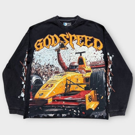 Black sweatshirt with a racing car graphic and 'Godspeed' text on a white background