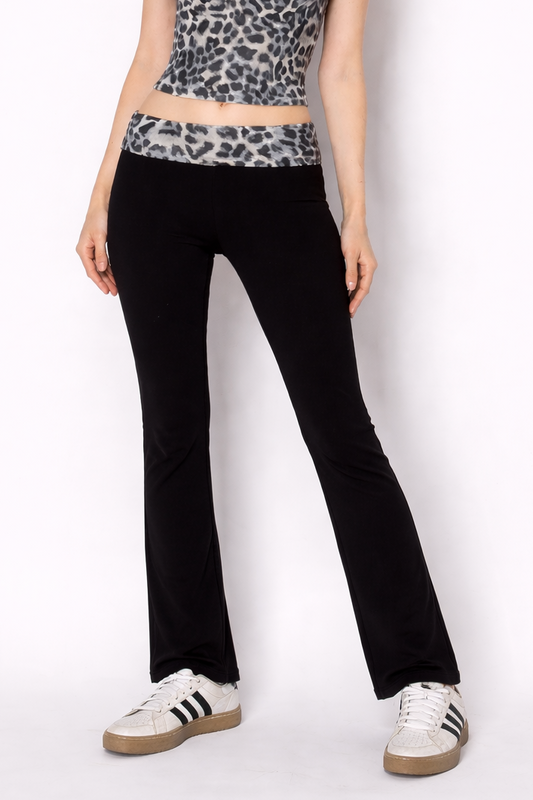 Leopard Print Waistband Flare Yoga Pants | Epic Outfitters front view