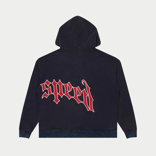 navy hoodie with red logo godspeed