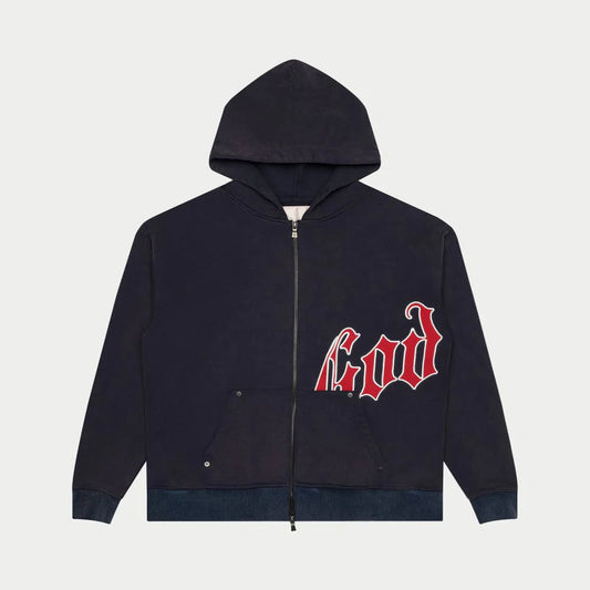 Navy hoodie with red logo godspeed