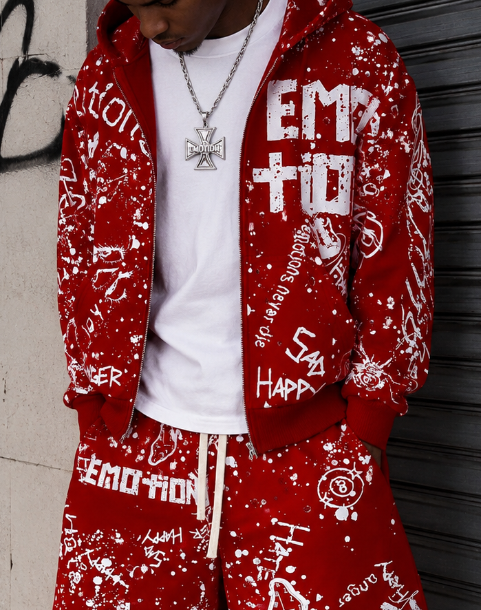 Mixed Emotion red graffiti zip hoodie with allover white graphic streetwear artwork and paint splatter design