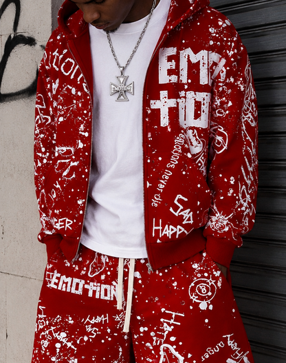 Mixed Emotion red graffiti zip hoodie with allover white graphic streetwear artwork and paint splatter design
