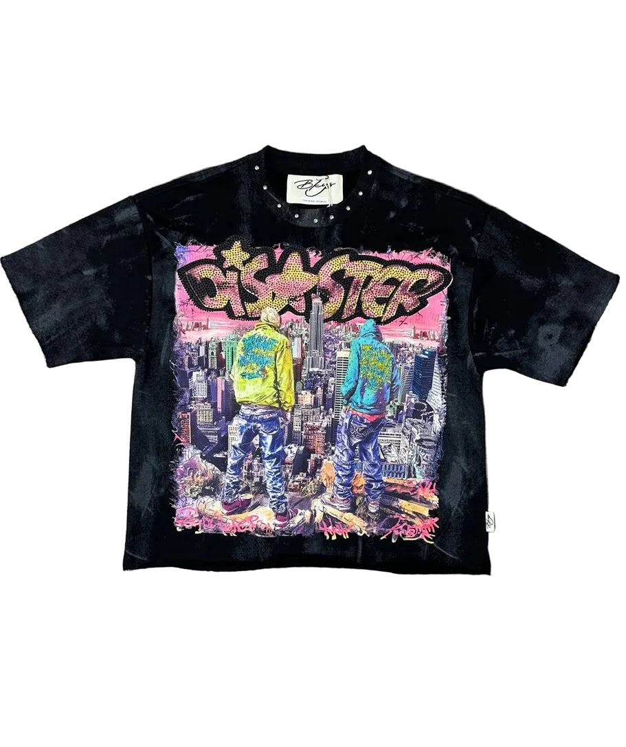 BKYS Disaster black washed cropped graphic tee with rhinestone collar and colorful streetwear artwork