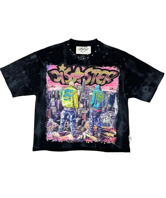 BKYS Disaster black washed cropped graphic tee with rhinestone collar and colorful streetwear artwork