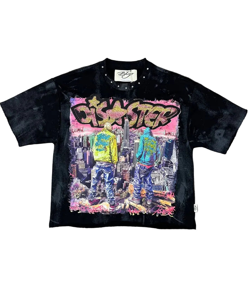 BKYS Disaster black washed cropped graphic tee with rhinestone collar and colorful streetwear artwork