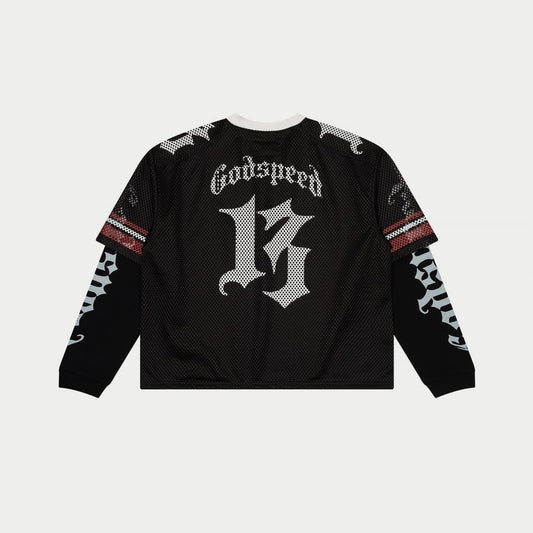 Black long-sleeve shirt with white text and designs on a light gray background