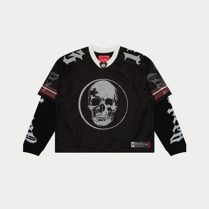 Black sports jersey with skull design on a white background