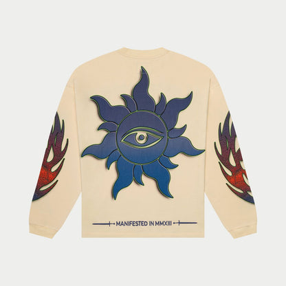 Beige sweatshirt with a blue sun design and flames on a beige background