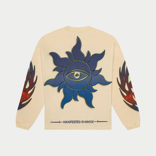 Beige sweatshirt with a blue sun design and flames on a beige background
