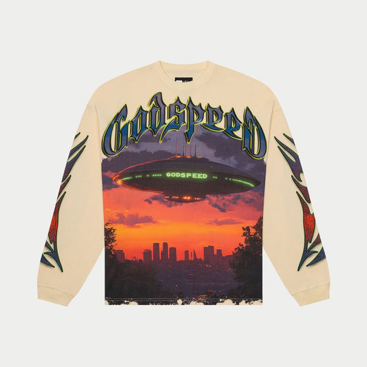 Beige sweatshirt with 'Godspeed' design featuring a UFO over a cityscape.
