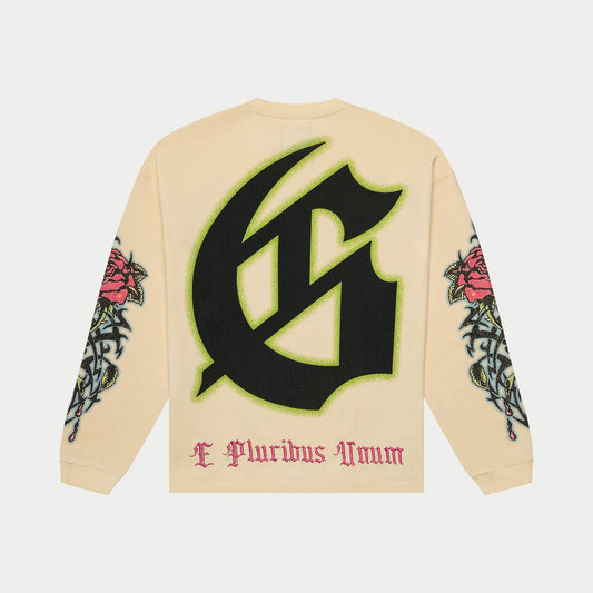 Beige sweatshirt with black letter 'G' design and floral sleeve patterns on a white background