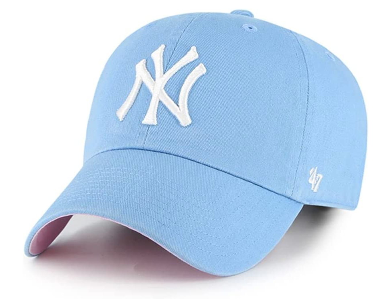 A front view of a light blue baseball cap featuring a prominent white Yankees logo on the front, with a pink inner lining visible on the brim.