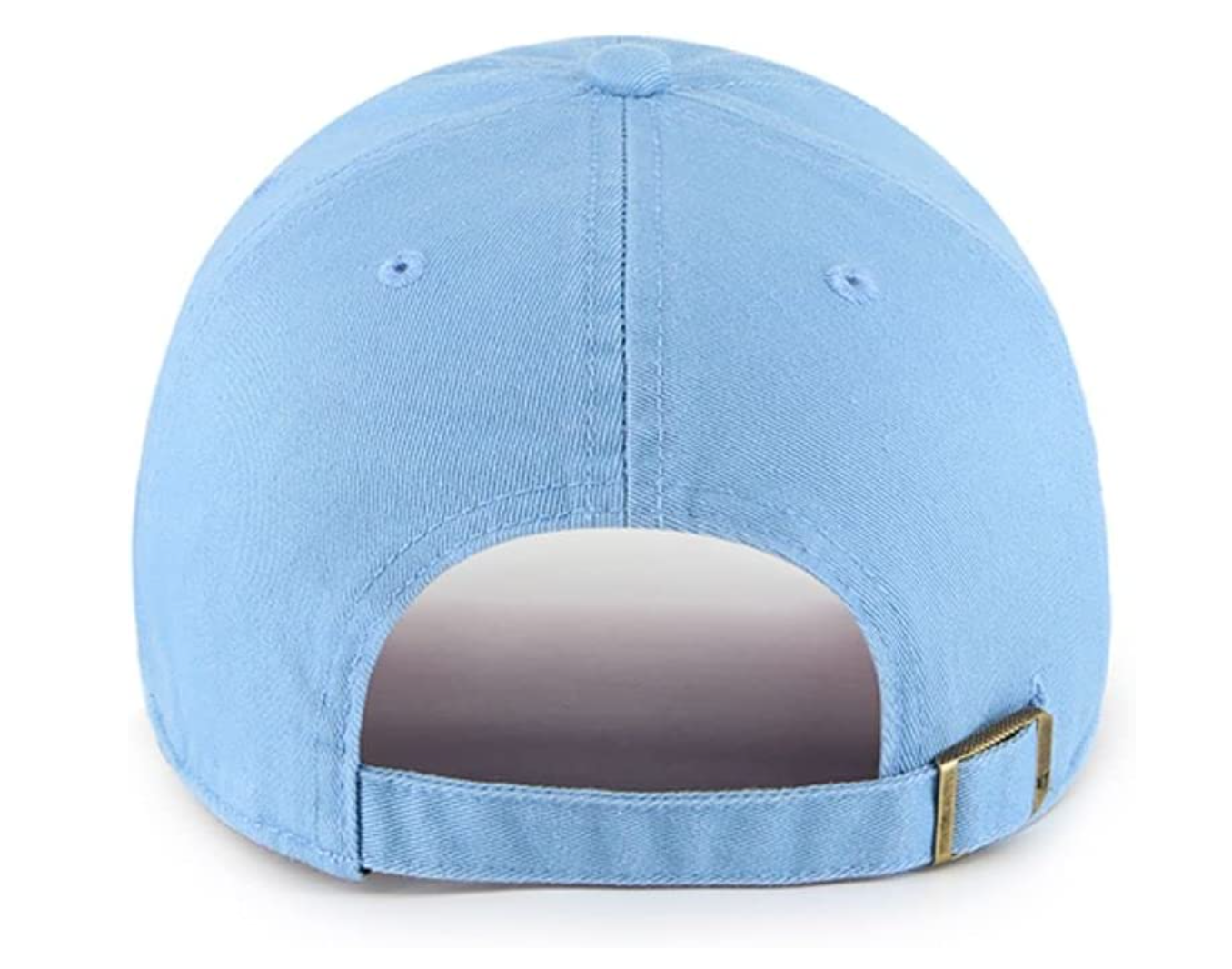 A rear view of a light blue baseball cap with an adjustable strap and a metal buckle closure, showcasing its clean stitching and simple design.
