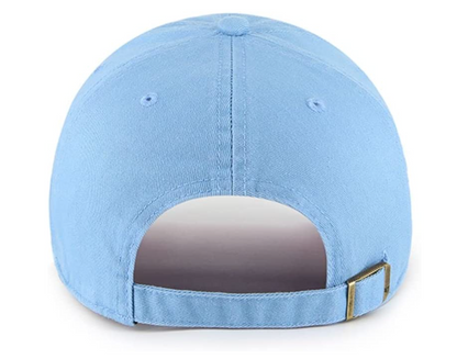 A rear view of a light blue baseball cap with an adjustable strap and a metal buckle closure, showcasing its clean stitching and simple design.
